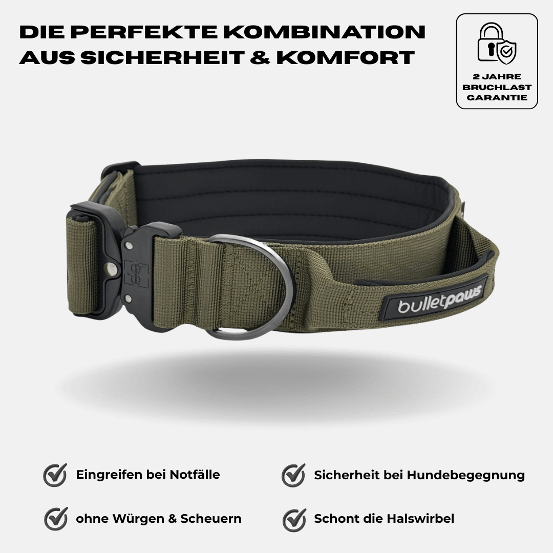 4cm Alpha Hundehalsband mit Griff - Khaki - BulletPaws