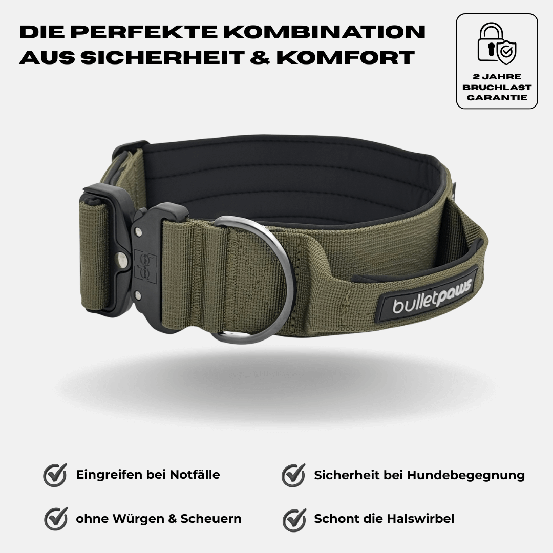 5cm Alpha Hundehalsband mit Griff - Khaki - BulletPaws