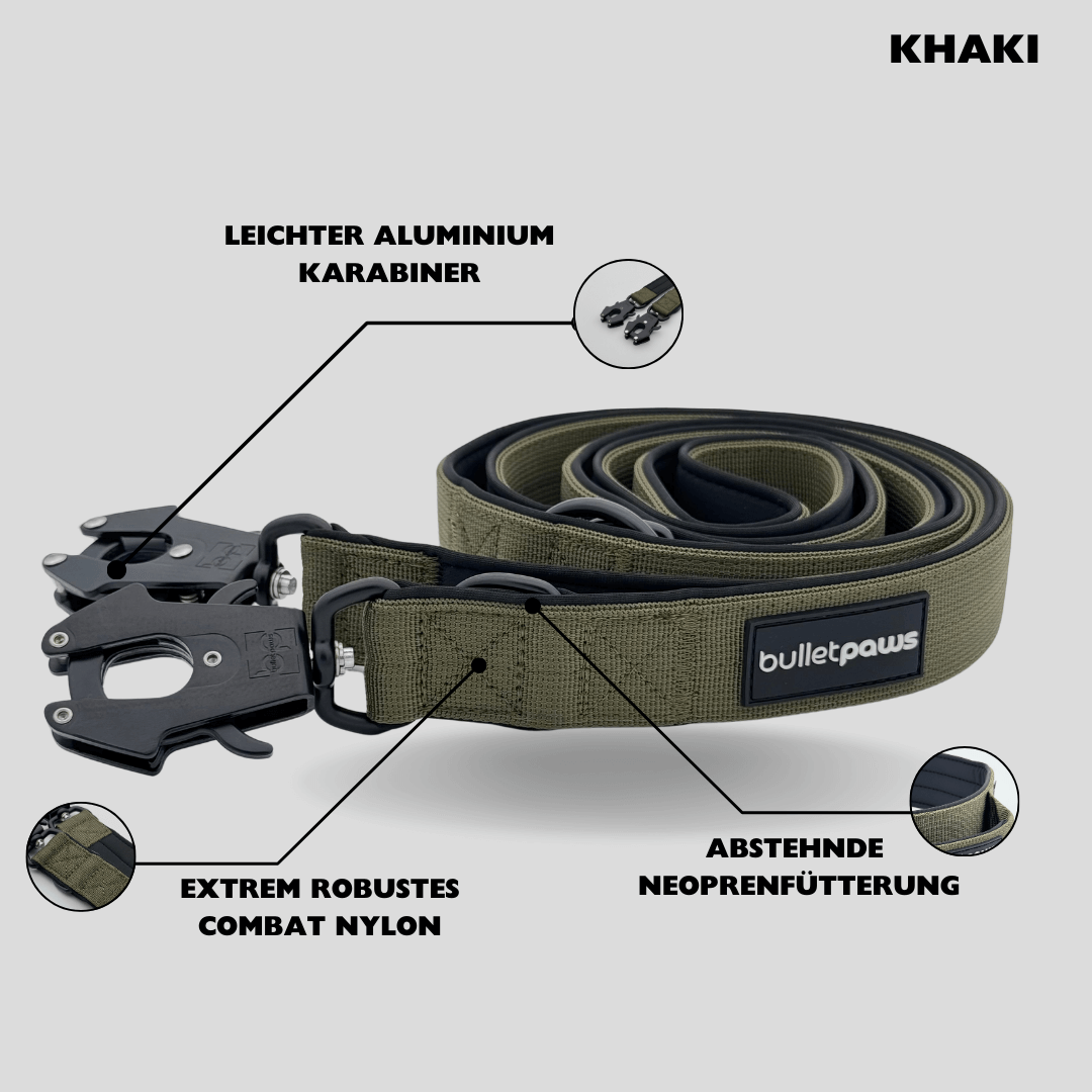 Dreifach verstellbare Hundeleine 2,2m - Khaki - BulletPaws